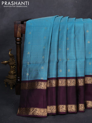 Pastel Blue & Wine Kanchipuram Soft Silk - Checks
