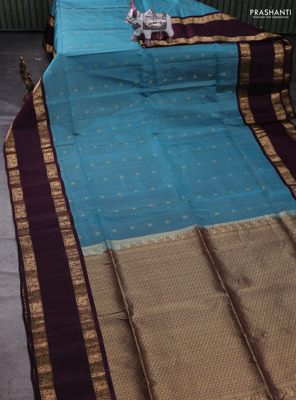 Pastel Blue & Wine Kanchipuram Soft Silk - Checks