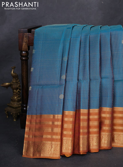 Peacock Green & Rust Kanchipuram Soft Silk - Checks
