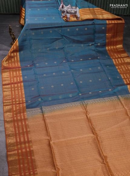 Peacock Green & Rust Kanchipuram Soft Silk - Checks