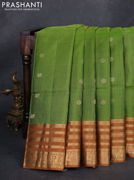 Green & Mustard Kanchipuram Soft Silk - Checks