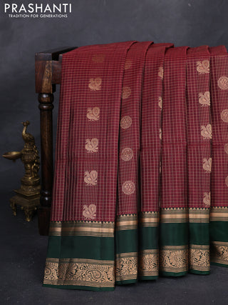 Maroon & Bottle Green Kanchipuram Soft Silk - Checks