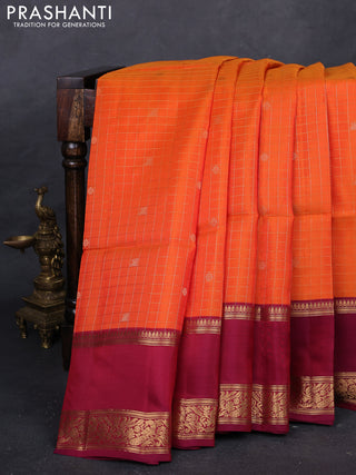 Orange & Maroon Kanchipuram Soft Silk - Checks