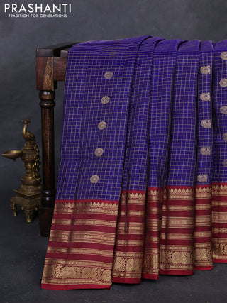 Blue & Maroon Kanchipuram Soft Silk - Checks