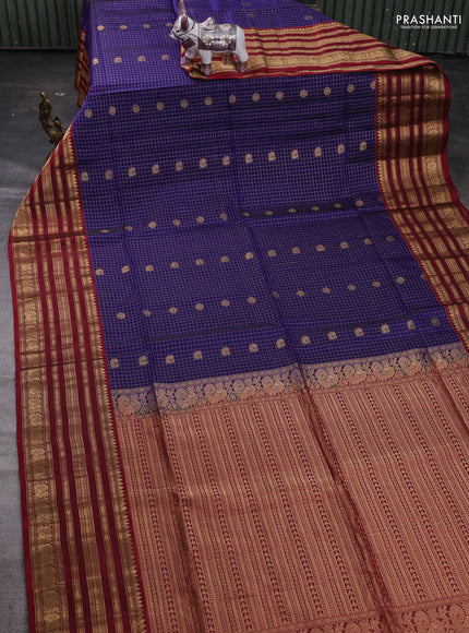 Blue & Maroon Kanchipuram Soft Silk - Checks