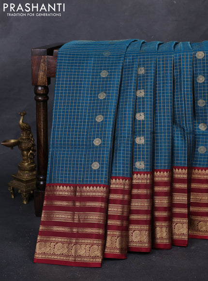 Peacock Green & Maroon Kanchipuram Soft Silk - Checks
