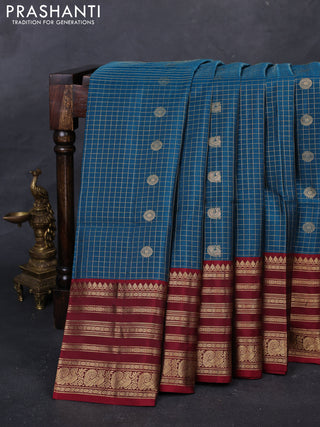 Peacock Green & Maroon Kanchipuram Soft Silk - Checks