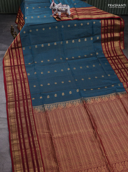 Peacock Green & Maroon Kanchipuram Soft Silk - Checks