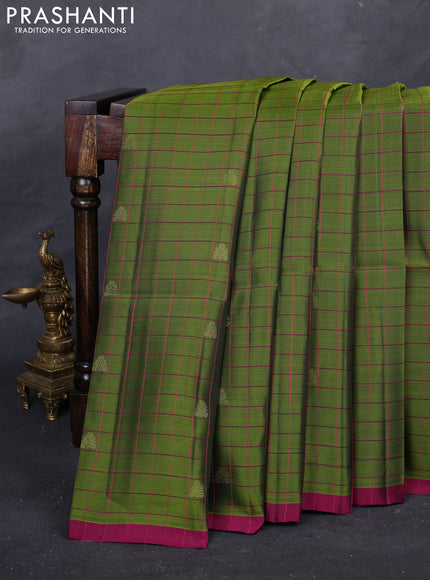 Mehendi Green & Magenta Pink Kanchipuram Soft Silk - Checks