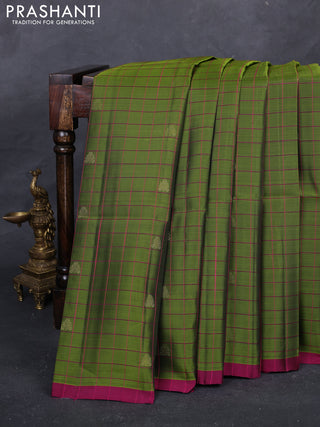 Mehendi Green & Magenta Pink Kanchipuram Soft Silk - Checks