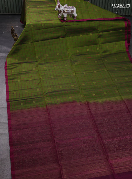 Mehendi Green & Magenta Pink Kanchipuram Soft Silk - Checks