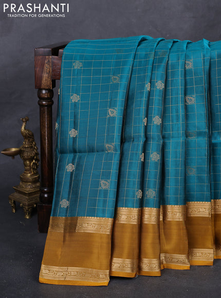 Teal Green & Mustard Yellow Kanchipuram Soft Silk - Checks