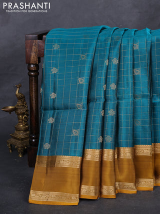 Teal Green & Mustard Yellow Kanchipuram Soft Silk - Checks