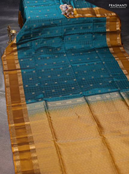 Teal Green & Mustard Yellow Kanchipuram Soft Silk - Checks