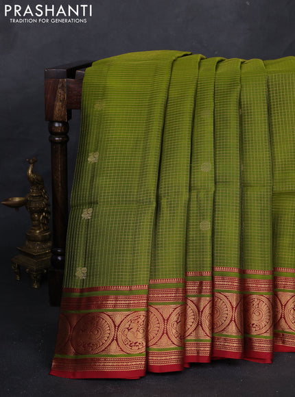 Mehendi Green & Maroon Kanchipuram Soft Silk - Checks