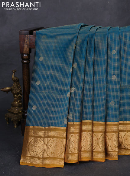 Peacock Green & Mustard Yellow Kanchipuram Soft Silk - Checks