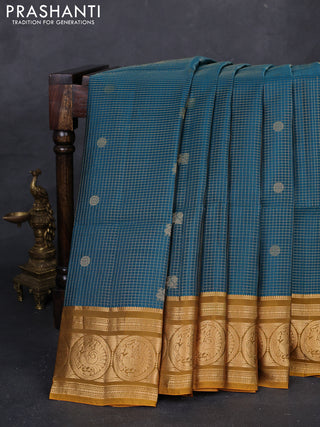 Peacock Green & Mustard Yellow Kanchipuram Soft Silk - Checks