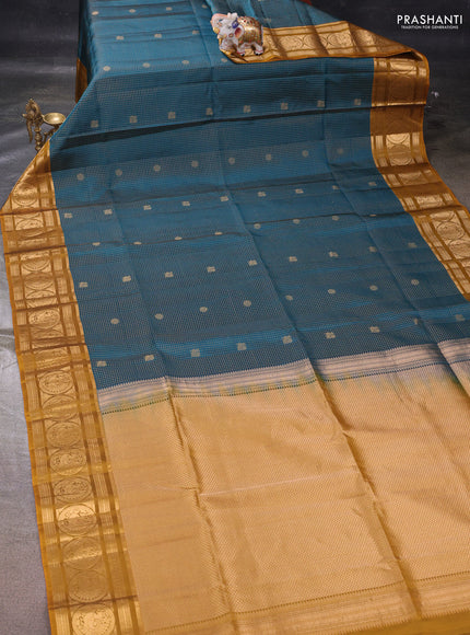 Peacock Green & Mustard Yellow Kanchipuram Soft Silk - Checks
