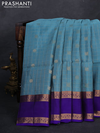 Pastel Blue & Blue Kanchipuram Soft Silk - Checks