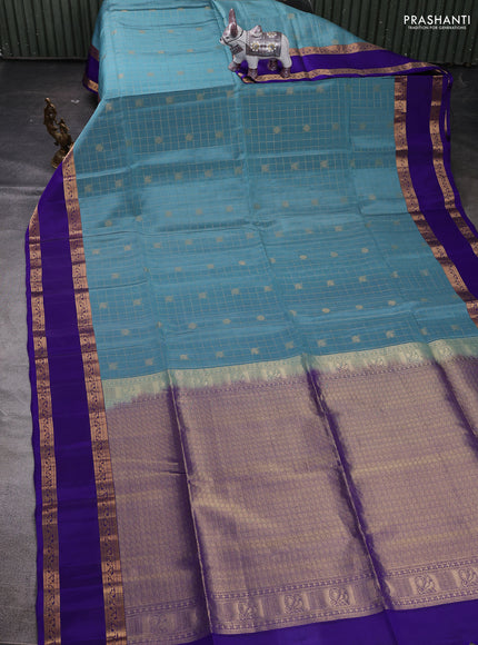 Pastel Blue & Blue Kanchipuram Soft Silk - Checks