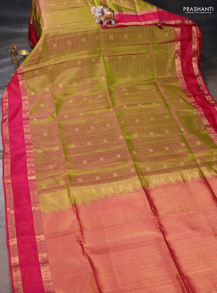 Mehendi Green & Pink Kanchipuram Soft Silk - Checks