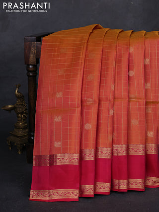 Sunset Orange & Pink Kanchipuram Soft Silk - Checks