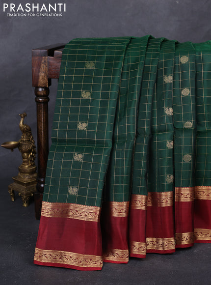 Bottle Green & Maroon Kanchipuram Soft Silk - Checks