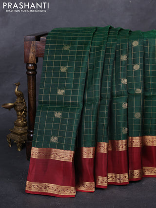 Bottle Green & Maroon Kanchipuram Soft Silk - Checks