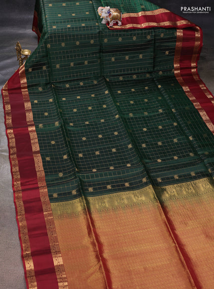 Bottle Green & Maroon Kanchipuram Soft Silk - Checks