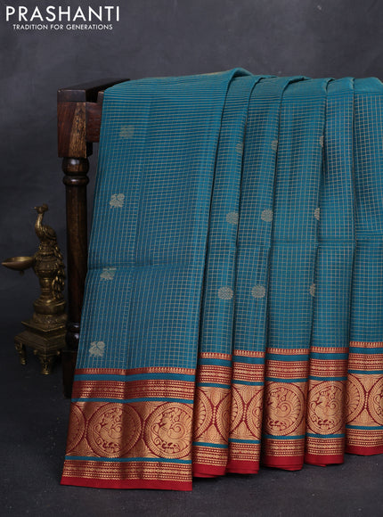 Peacock Green & Maroon Kanchipuram Soft Silk - Checks