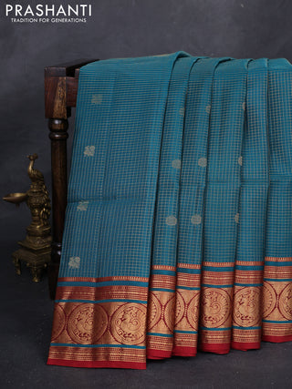Peacock Green & Maroon Kanchipuram Soft Silk - Checks