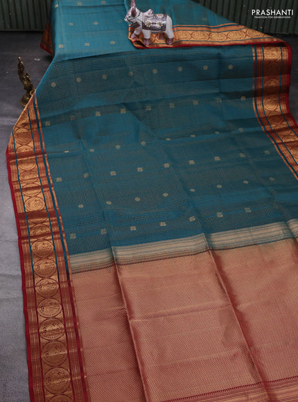 Peacock Green & Maroon Kanchipuram Soft Silk - Checks