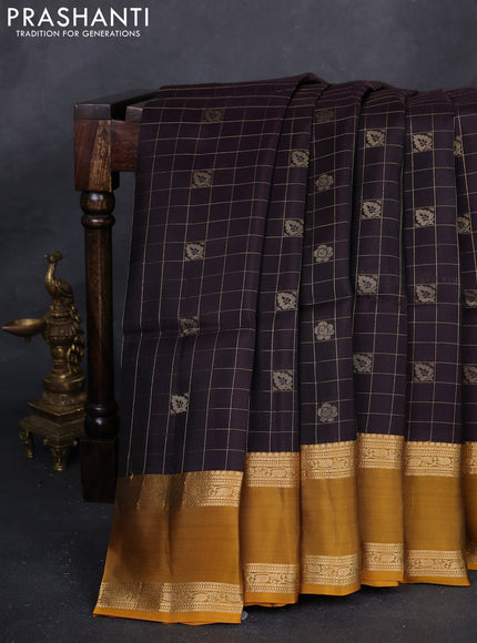 Coffee Brown & Mustard Yellow Kanchipuram Soft Silk - Checks