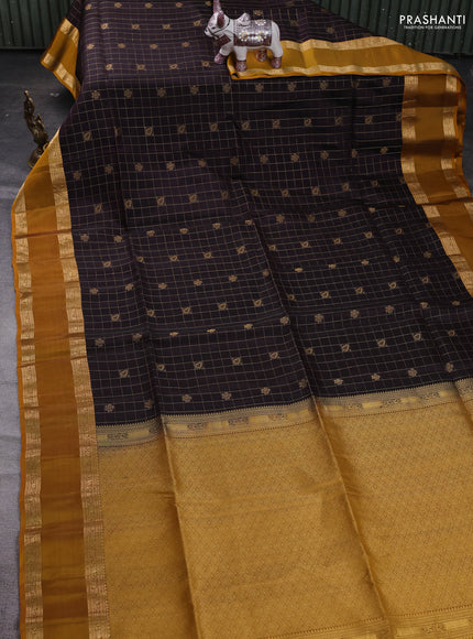 Coffee Brown & Mustard Yellow Kanchipuram Soft Silk - Checks