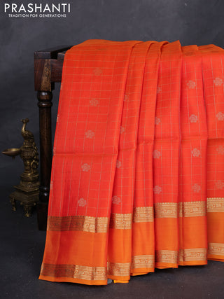 Orange & Mango Yellow Kanchipuram Soft Silk - Checks