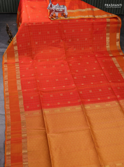 Orange & Mango Yellow Kanchipuram Soft Silk - Checks