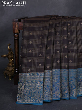 Coffee Brown & Peacock Blue Kanchipuram Soft Silk - Checks