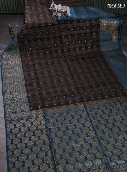Coffee Brown & Peacock Blue Kanchipuram Soft Silk - Checks