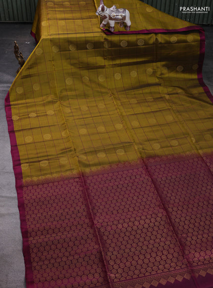 Mehendi Green & Magenta Pink Kanchipuram Soft Silk - Checks
