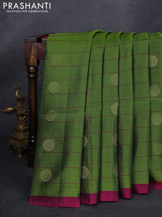 Sap Green & Magenta Pink Kanchipuram Soft Silk - Checks