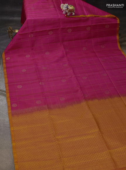 Pink & Mango Yellow Kanchipuram Soft Silk - Checks