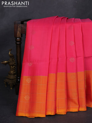 Candy Pink & Mango Yellow Kanchipuram Soft Silk - Buttas