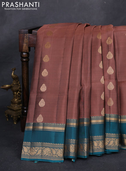 Rosy Brown & Teal Green Kanchipuram Soft Silk - Buttas