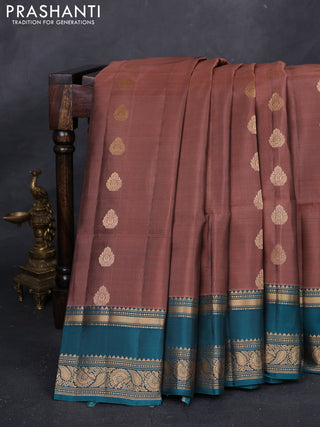 Rosy Brown & Teal Green Kanchipuram Soft Silk - Buttas