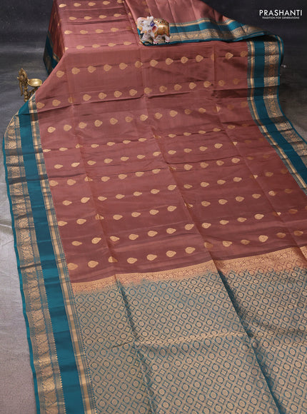 Rosy Brown & Teal Green Kanchipuram Soft Silk - Buttas