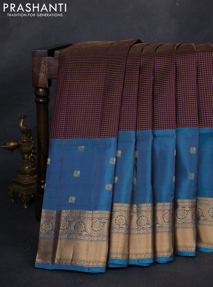Coffee Brown & Cs Blue Kanchipuram Soft Silk - Checks