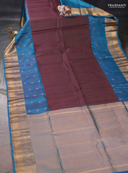 Coffee Brown & Cs Blue Kanchipuram Soft Silk - Checks