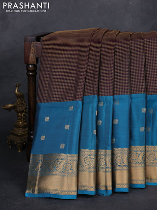 Coffee Brown & Cs Blue Kanchipuram Soft Silk - Checks