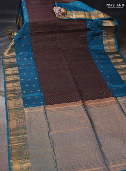 Coffee Brown & Cs Blue Kanchipuram Soft Silk - Checks