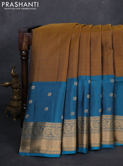 Mustard & Blue Kanchipuram Soft Silk - Checks